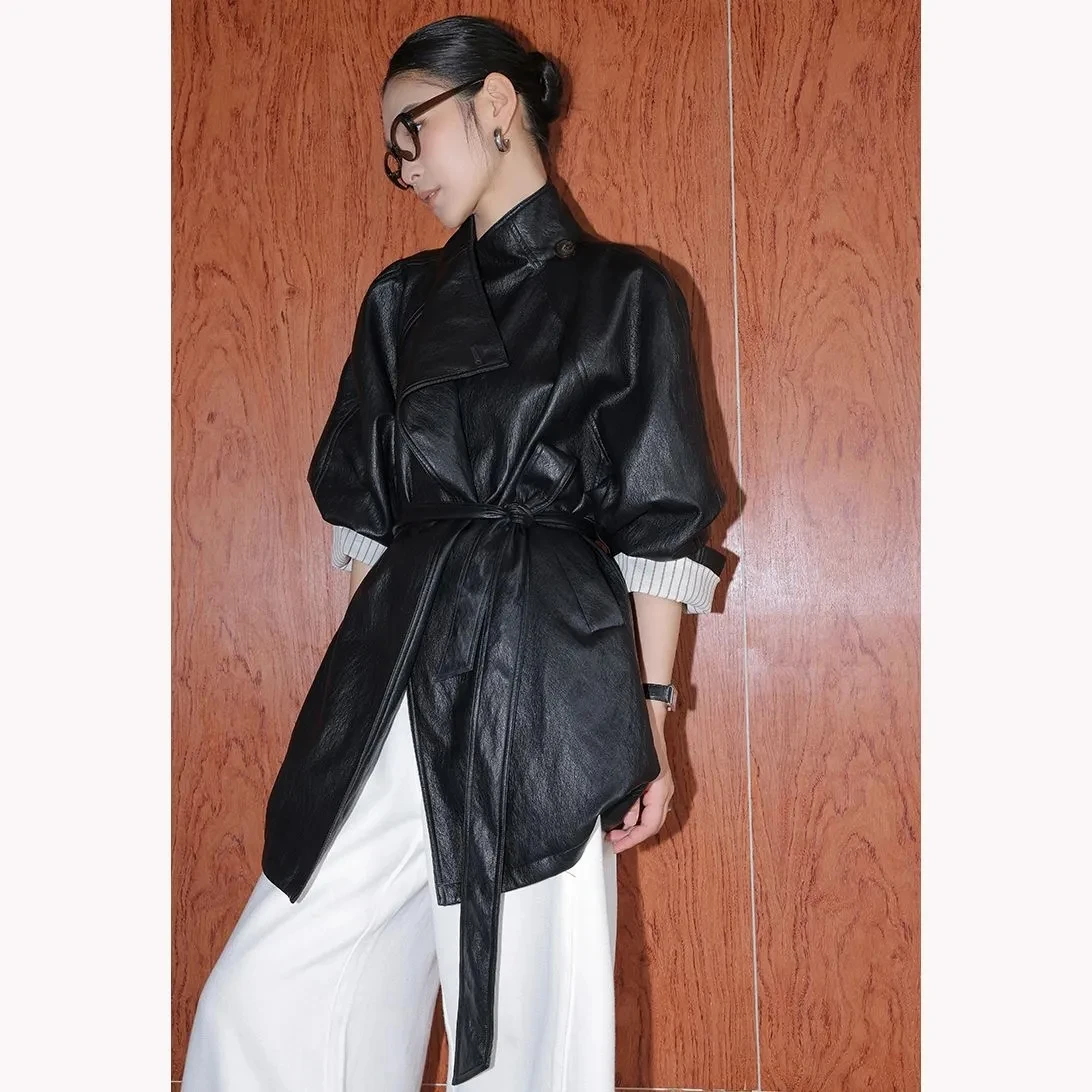 Black Medium To Long Leather Jacket Women's Early Morning High-end Feeling Retro Temperament Loose Jacket Coat