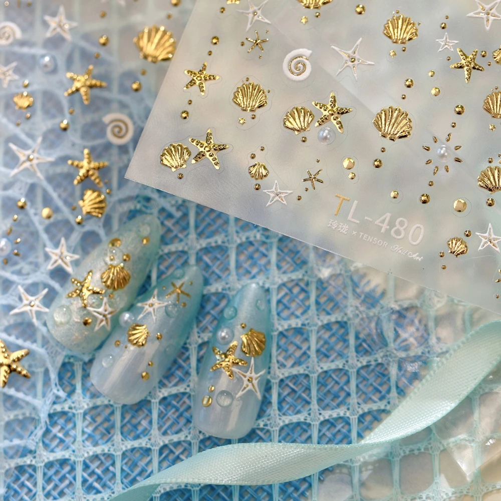 5D Embossed Self Adhesive Nail Art Stickers Delicate Ocean Style Manicure Decals Gold Stamped Shell Conch Scallop Starfish Pearl