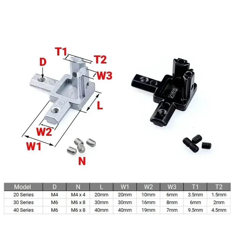 4Pcs Three Way Hidden Corner End Angle Bracket Connectors with Set Screws for 2020 3030 4040 V-Slot Aluminum Extrusion
