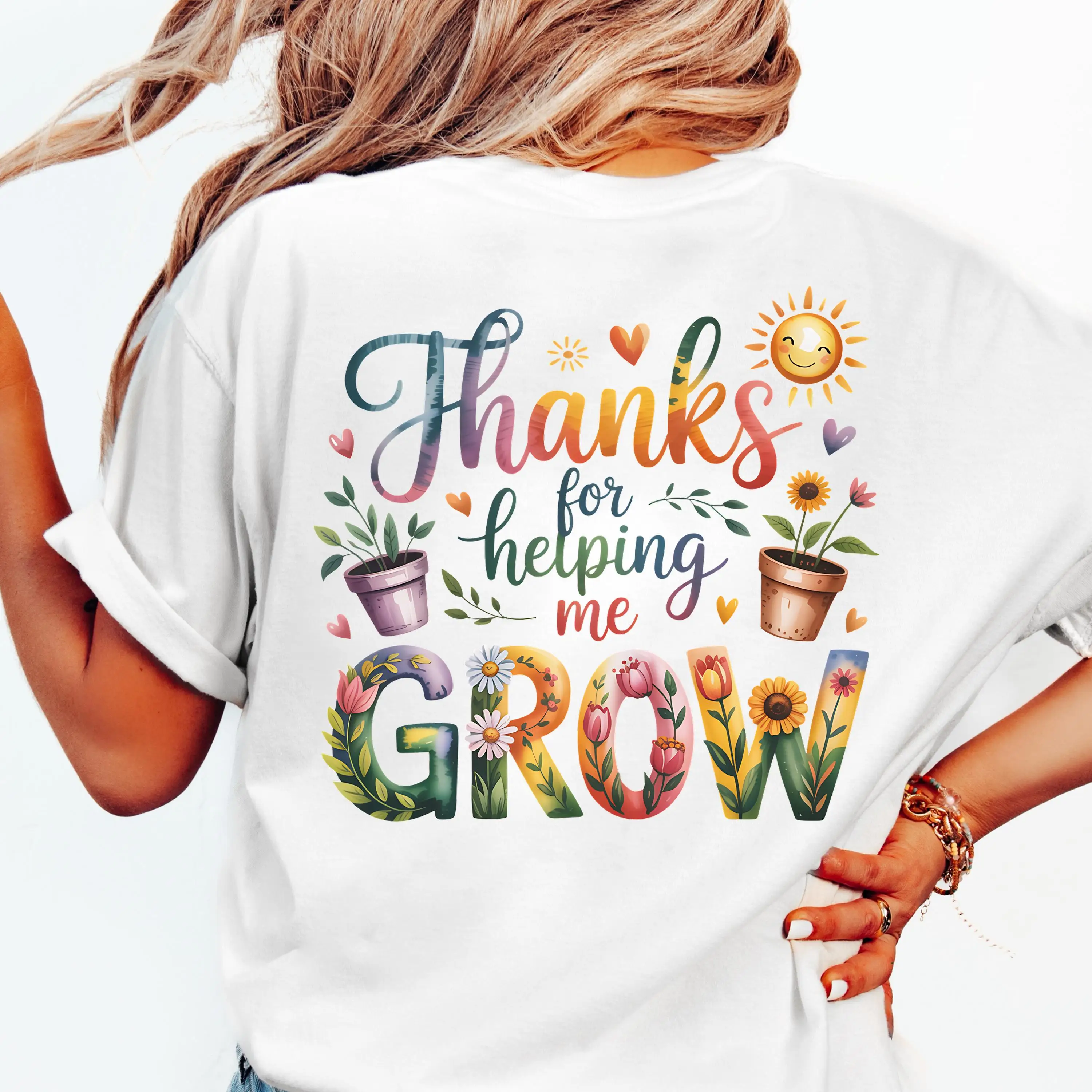 

Women Thanks For Helping Me Grow T-Shirt Teacher Appreciation Floral Graphic Tee Inspirational Slogan Watercolour Educator Gift