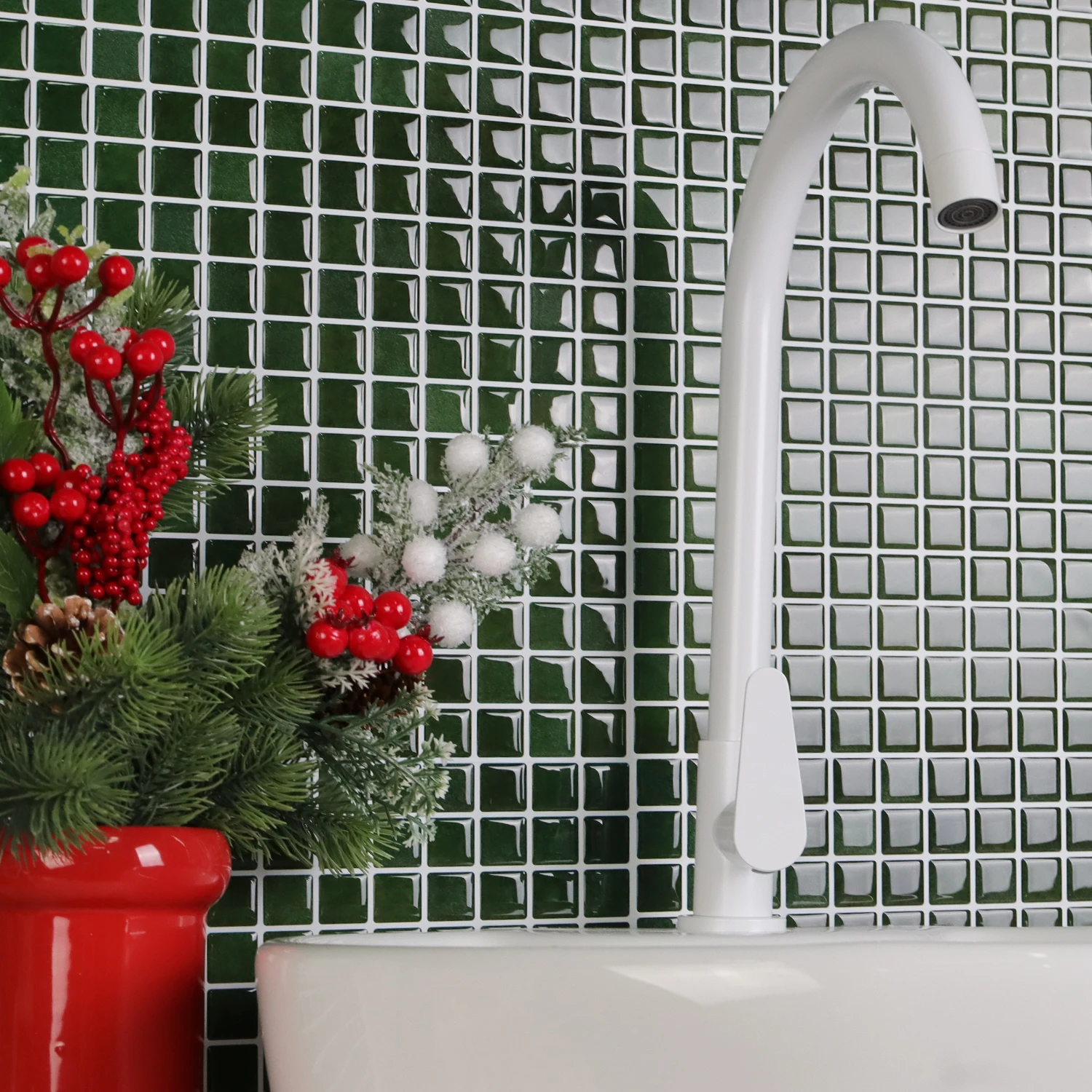 20pcs 3D Mosaic Style Wall Sticker Self-Adhesive Ceramic Tiles Kitchen Backsplash Waterproof Vinyl Wallpaper for Home Decor