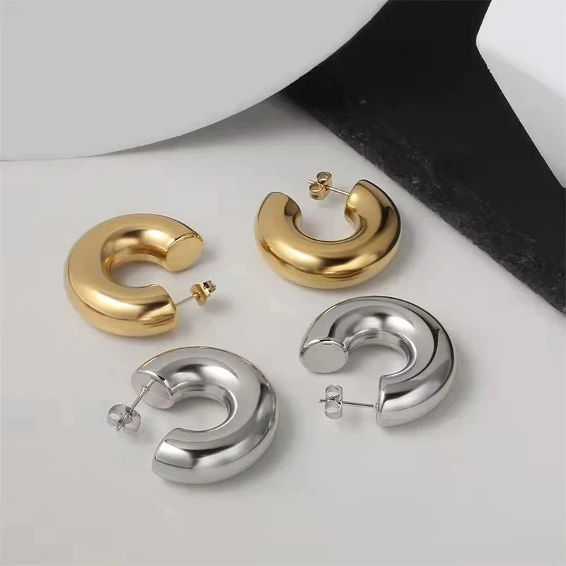 AOMU 2020 New Geometric Simple Minimalism Round Gold Color Silver Color Thick Metal Hoop Earrings for Women Jewelry 1 cm Wide