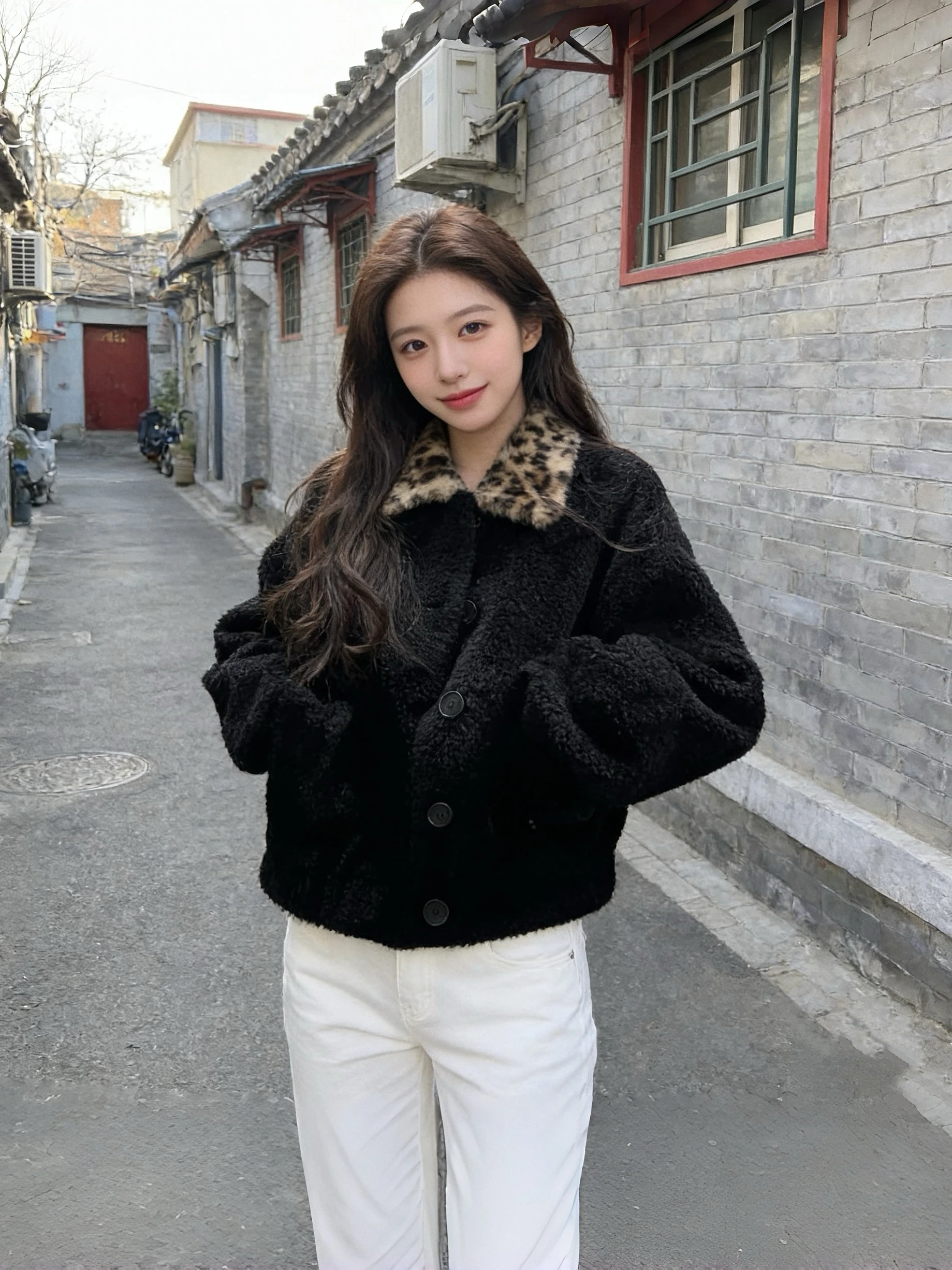 

American Sle Color Blo Leopard Print Lamb Fur Collar Women's Autumn Winter Inteated Leather And Fur Warm Versatile Open...