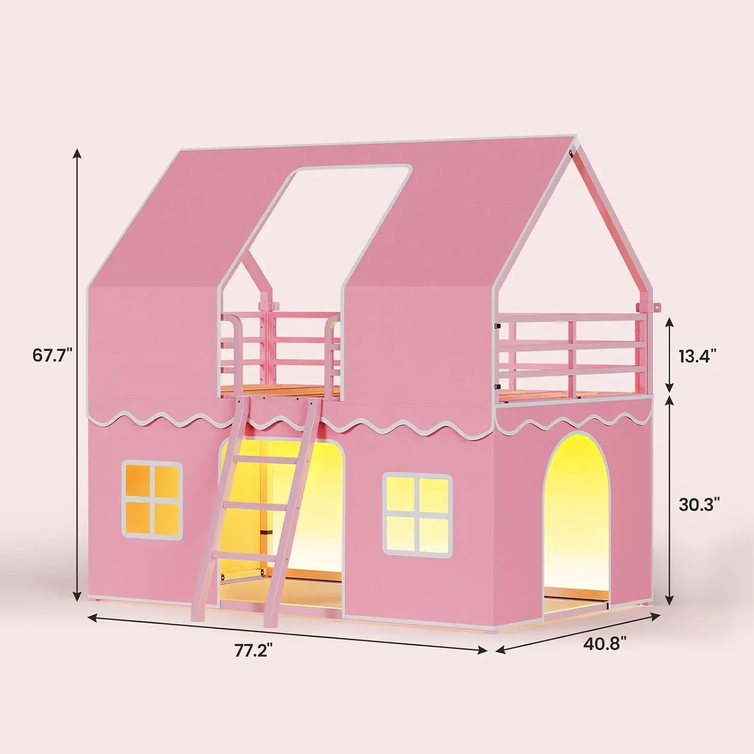 USA Stock Girls Bunk Bed Twin Over Twin, House Loft Bed with LED Lights | Girls Pink Bed, House Shaped Design with Play Bed Curt
