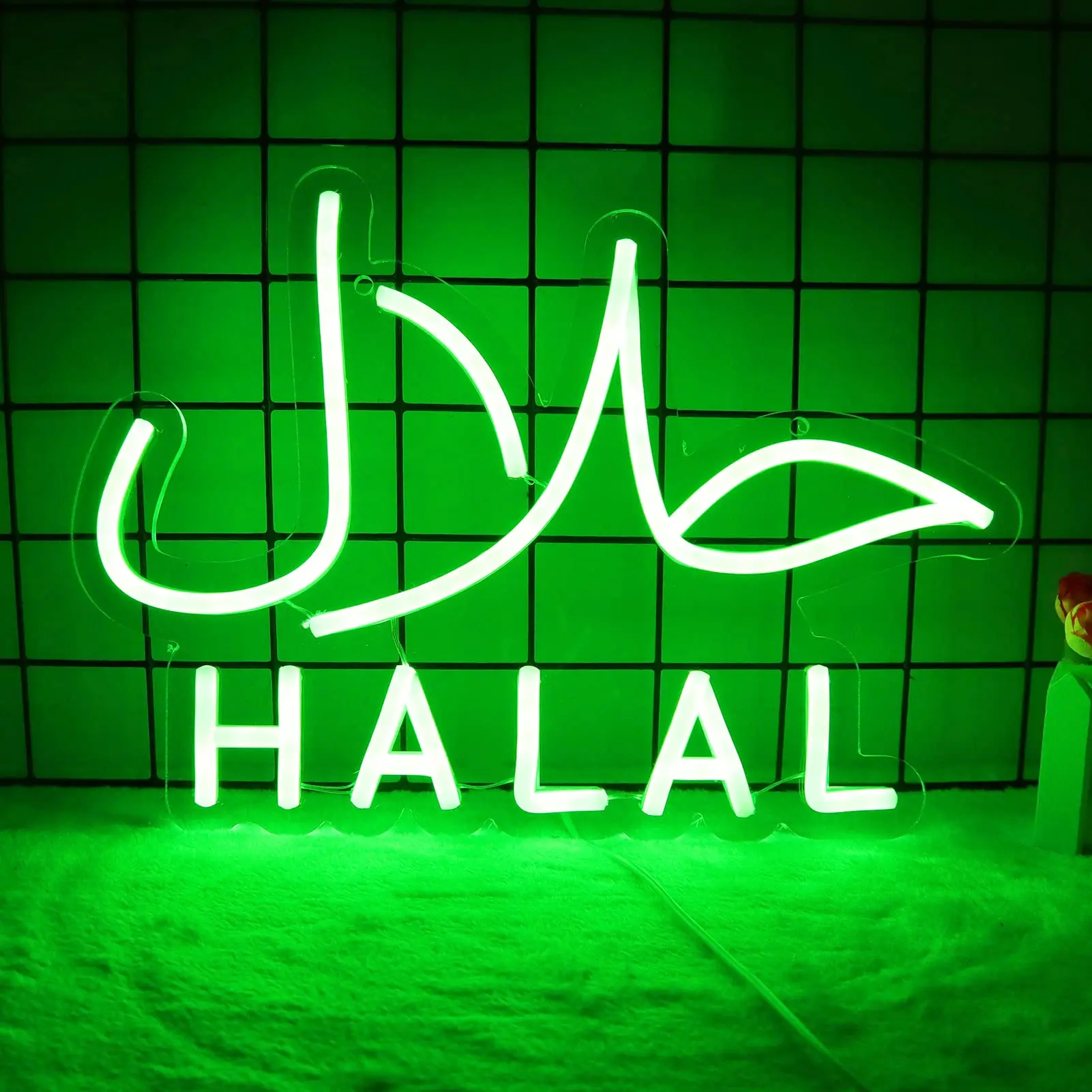 sinais de neon halal para wall decor luzes led verdes wall art pendurado janela e porta adequado para comida halal arabe restaurantes 01