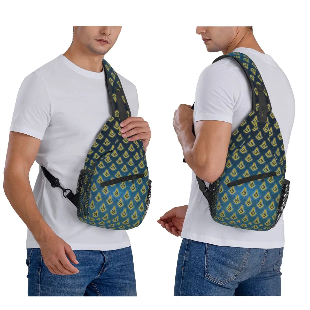 Freemasonry Pattern Starry Sky Chest Bag Men Sling Crossbody Backpack Chest Bag Travel Hiking Daypack Shoulder Bag