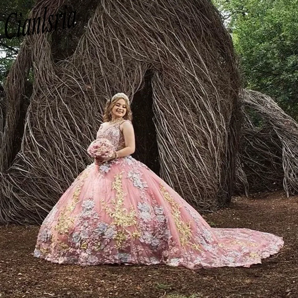 Princess Flowers  Pink Tulle Quinceanera Dresses  Ball Gown Sweet Sixteen Dress Wedding Gowns vestidos 16