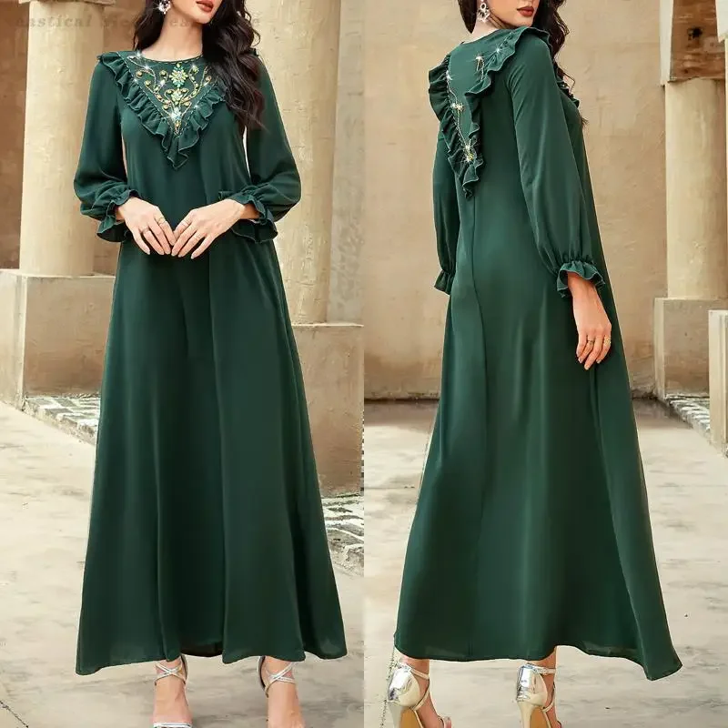 

Green Retro Muslim Abayas Fashion Middle East Dresses Spring Autumn Dubai Kaftan Long Robe Vestidos Female Elegant African Dress