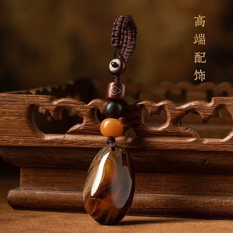 

Natural Agate Jade Car Keychain Pendant High End Peace Charm for Men Handwoven Lanyard Ornament Gifts