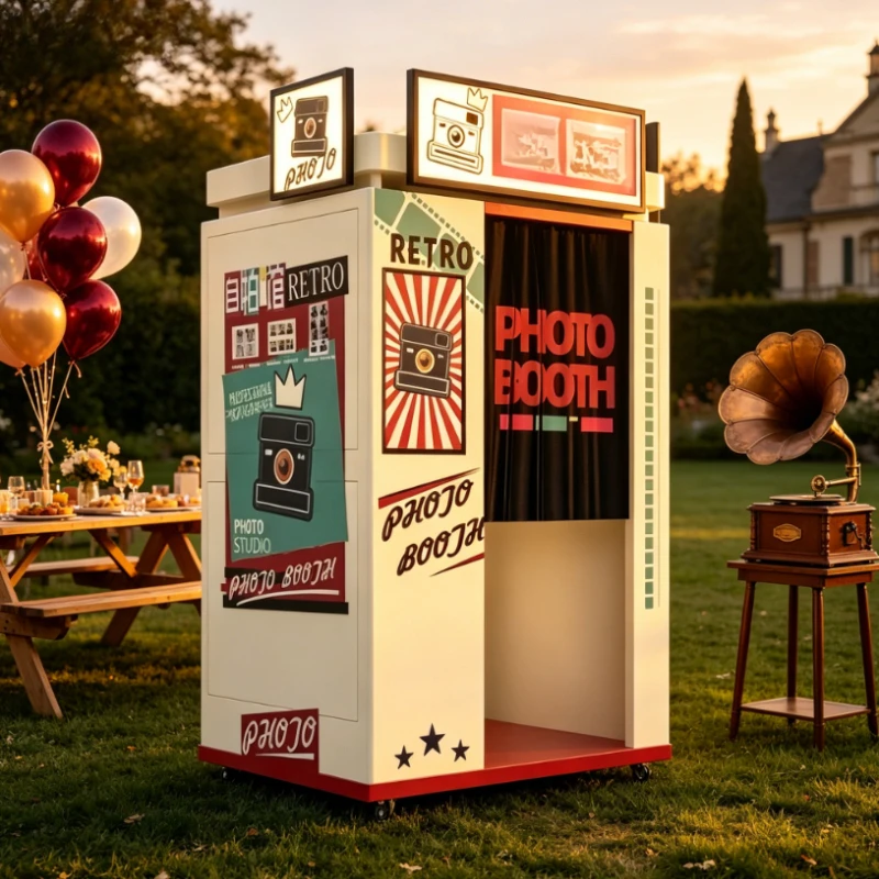Custom Vintage Retro Self Service Photo Booth Cabin, All-in-one Machine with Camera & Printer for Wedding Birthday Party Fair
