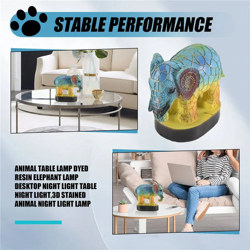 

PORK-2X Animal Table Lamp Dyed Resin Elephant Lamp Desktop Night Light Table Night Light,3D Stained Animal Night Light Lamp