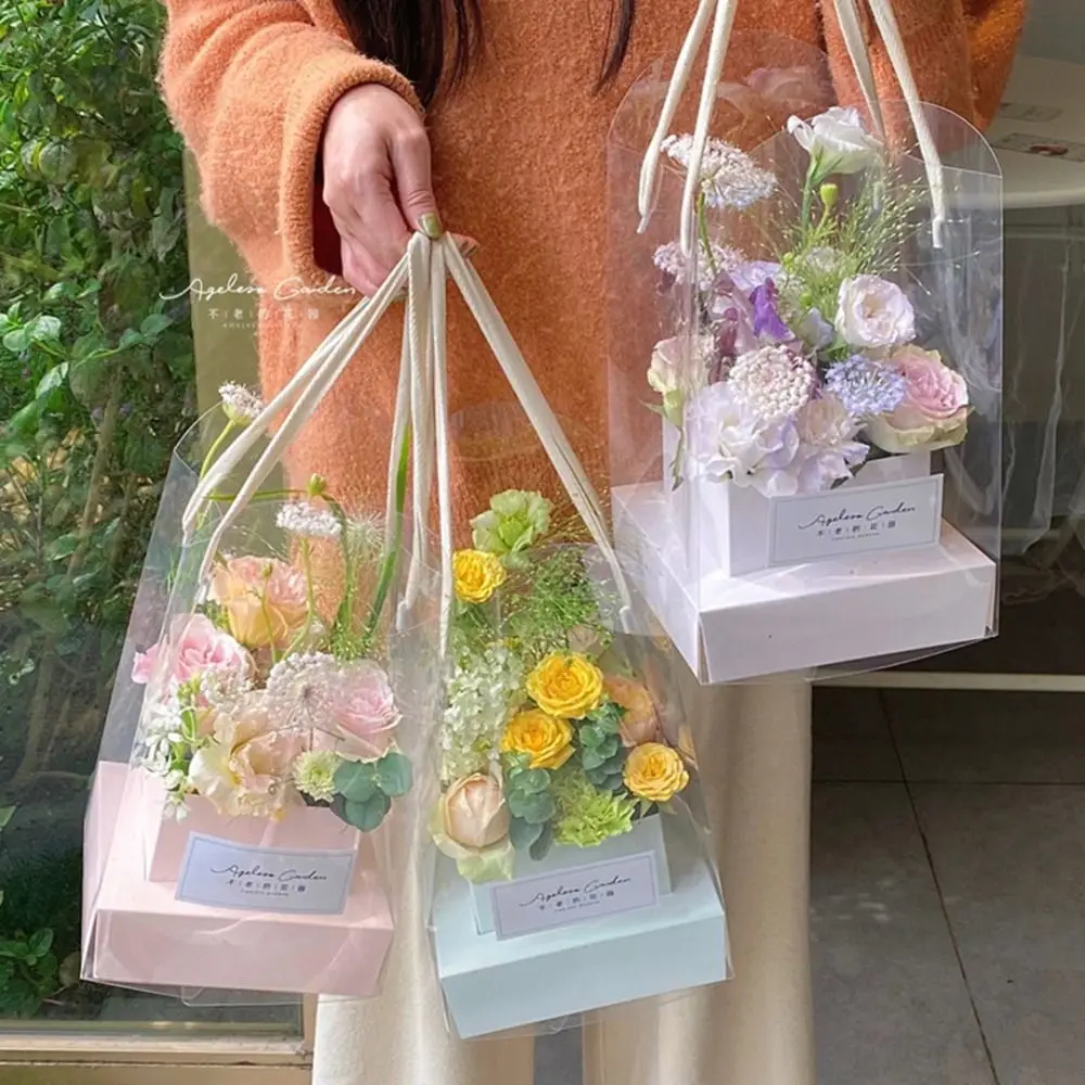 Romantic Transparent Handheld Flower Box Portable Handbag Flower Bouquet Arrangement Box DIY Cake Packaging Box Party Supply