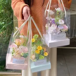 Romantic Transparent Handheld Flower Box Portable Handbag Flower Bouquet Arrangement Box DIY Cake Packaging Box Party Supply