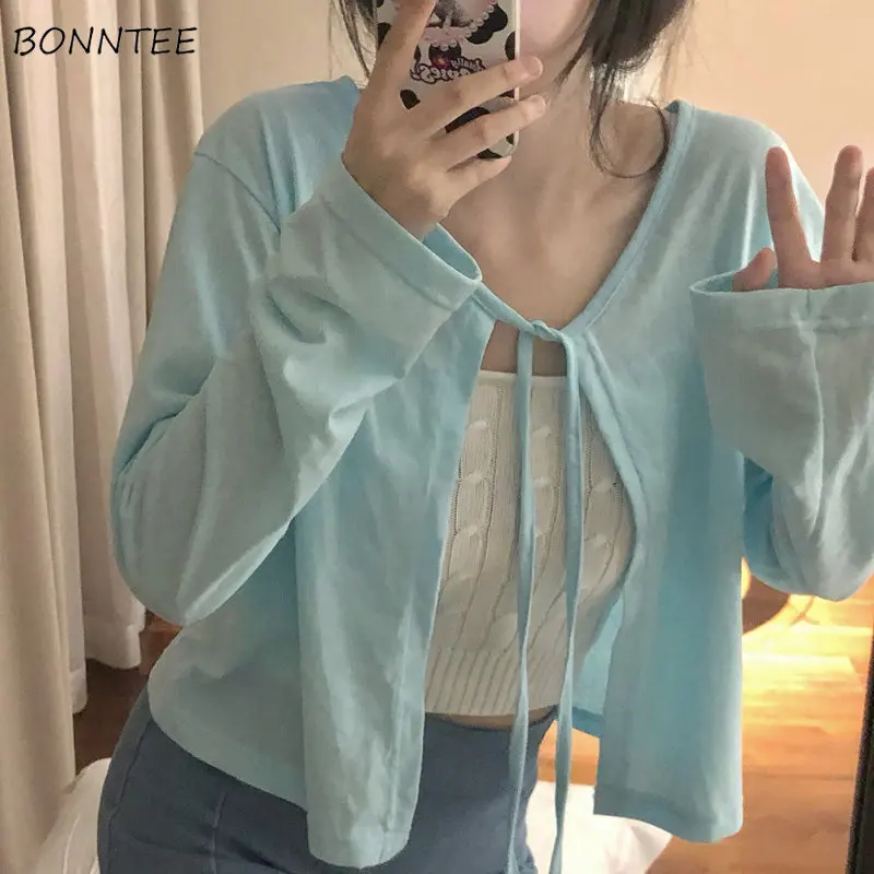 Jackets Women Sweet Lace-up Korean Style Summer Thin Sun-proof Breathable V-neck Fashion Ulzzang Solid All-match Loose Classic