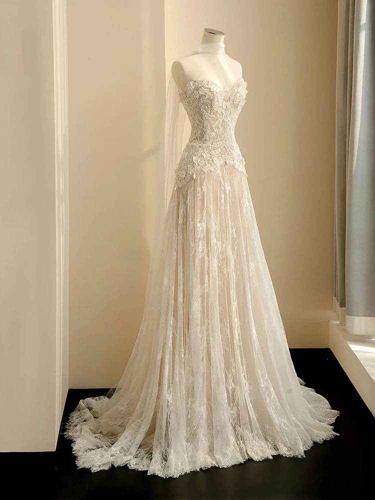 

Lace Bridal Gown Off-oulder Wedding Dr Korean Sle Mid-Waist Long Skirt No-Sve for Taller Women Hotel Indoor