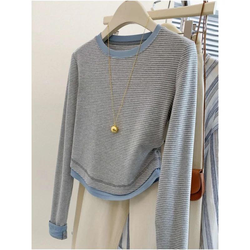 Hong Kong-Style Striped Color-Block Long-Sleeve T-Shirt For Women, 2025 Spring, Faux Two-Piece Top, Korean Version, Youthful