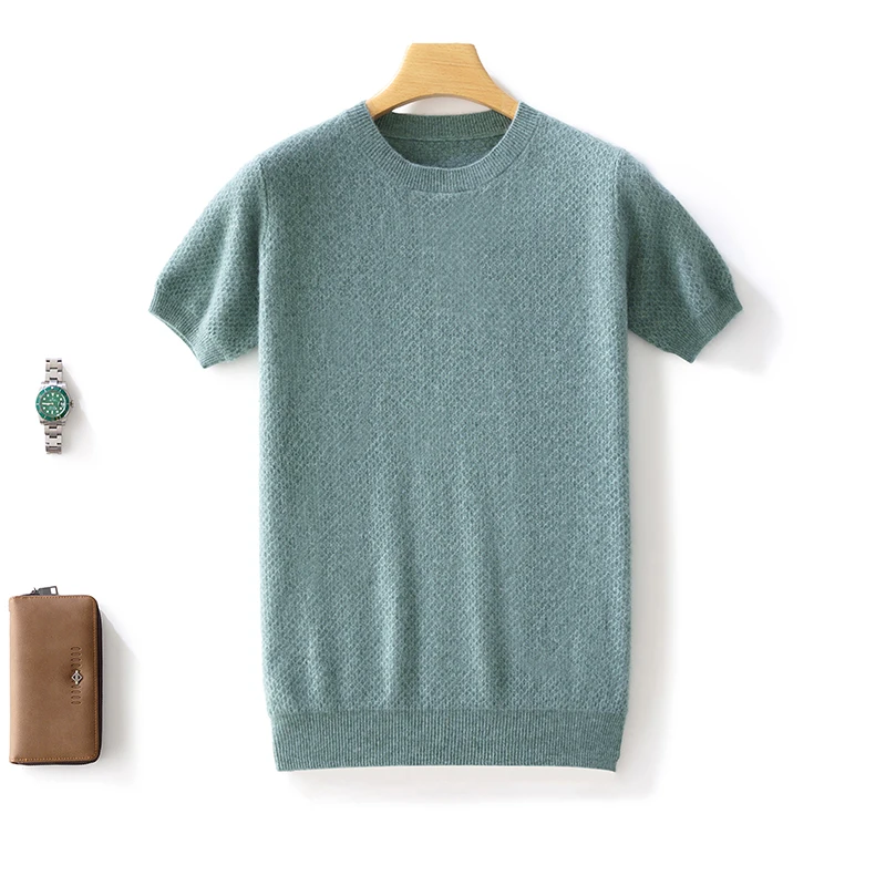Spring Summer Men Short Sleeved 100% Wool Sweater Round Collar Cellular Grid Tees Pullover Knitted Clothing Casual Tops T-shirt