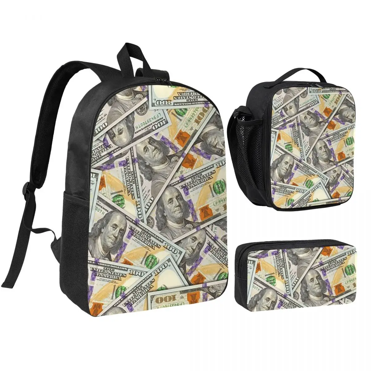 Giant Money Background 100 Dollar Bills Backpack Boys Girls BookBag School Bag Shoulder Bags 3ps Insulated Lunch Bag Pencil Case