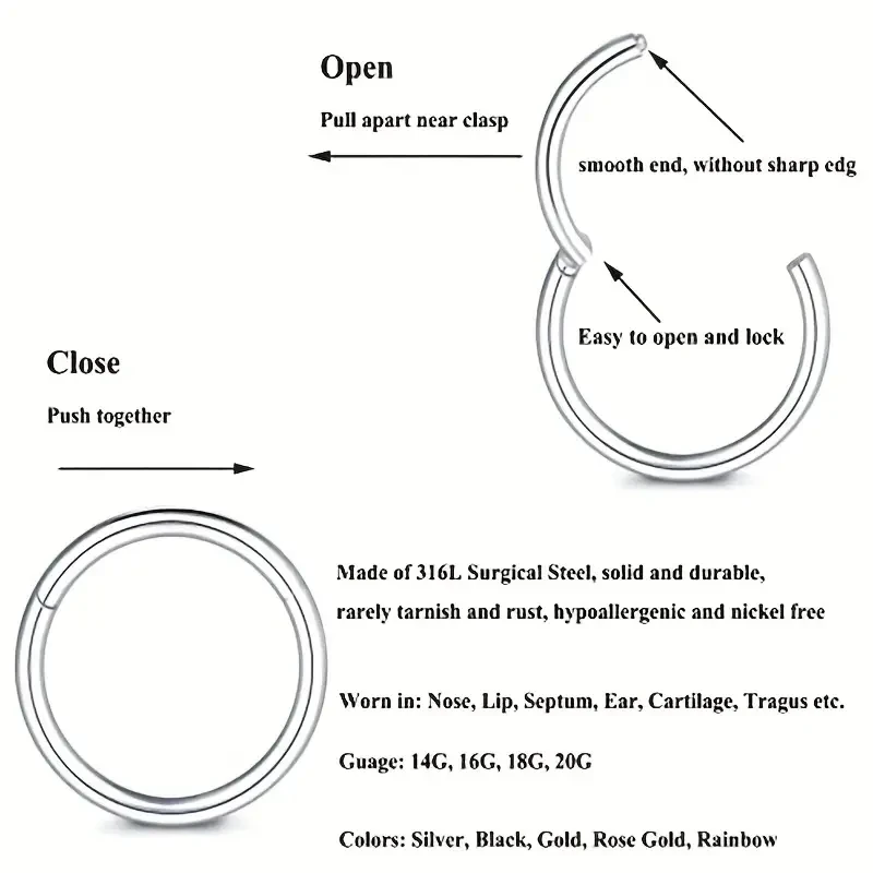 10/50/100Pcs Stainless Steel Septum Piercing Clicker Nose Hoop Hinged Segment Ring Helix Earring Nostril Piercing Body Jewelry