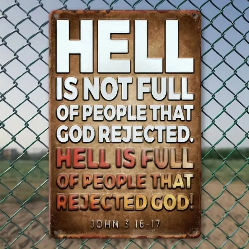 Vintage Tinplate Metal Sign Hell Is Not Full of People God Rejects Weatherproof Christian Wall Art with John 3 16-17 Bible Verse