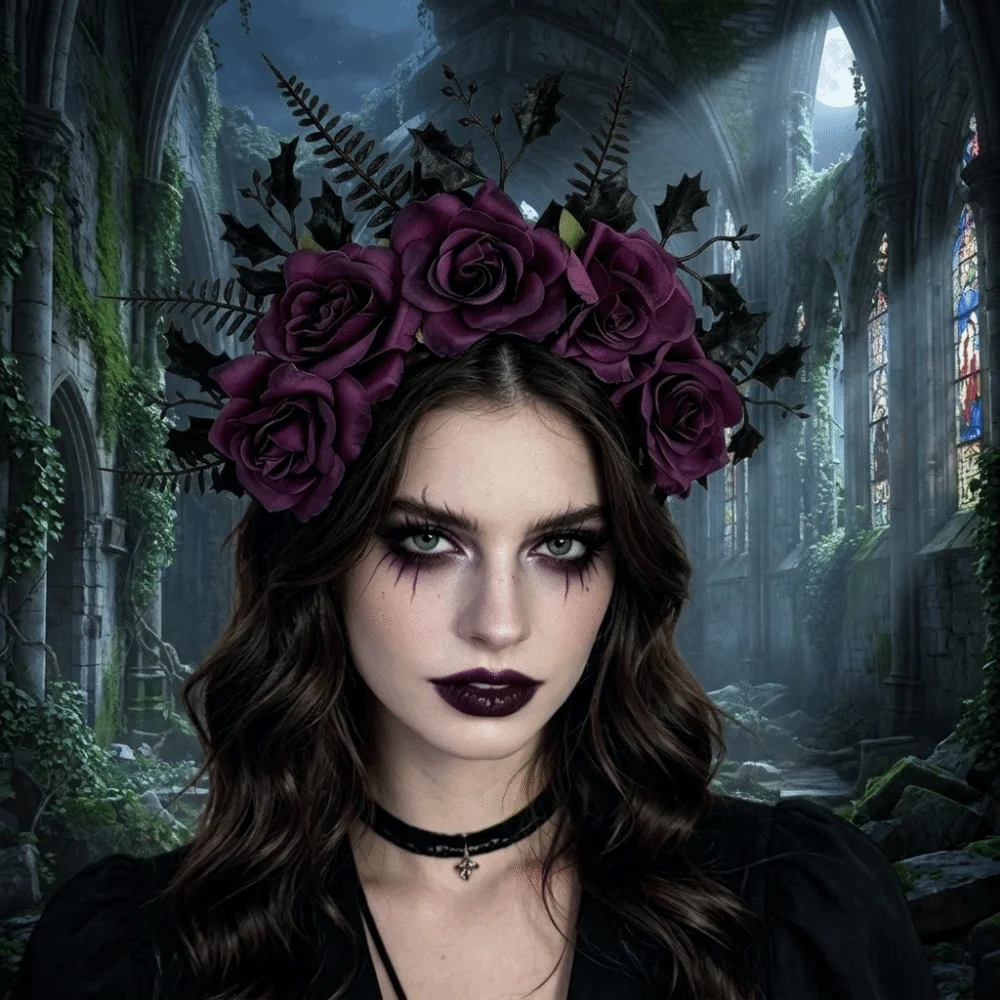 Elegant Style Halloween Rose Headband Simulated Vintage Artificial Flower Headband Leaf Flower Crown Hair Hoop