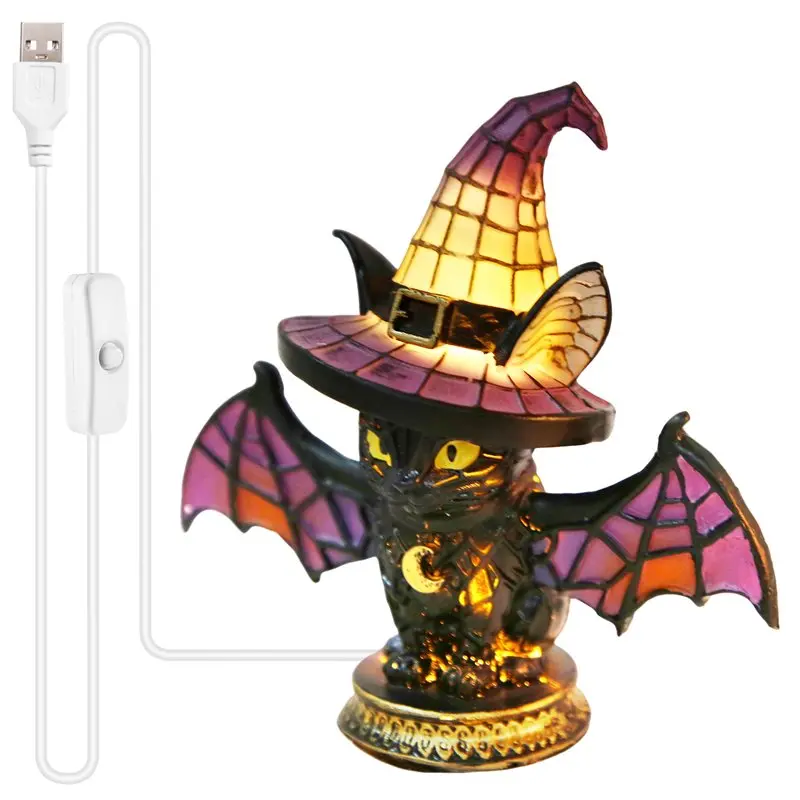 PORK-Resin Witches Lamp Gothic Style Handcrafted Retro Colorful Cat Table Lamp Halloween Decorations Night Light Witch Hat