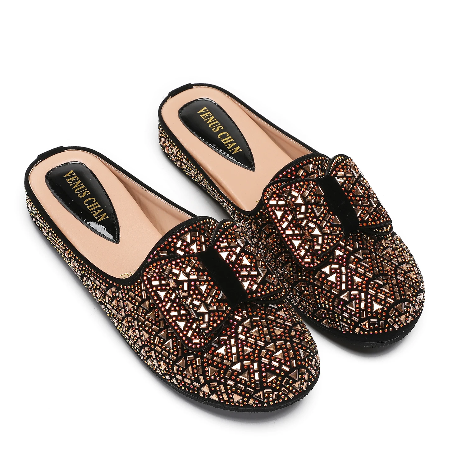 

2025 новейшие модные элегантные вечерние тапочки на плоской подошве с полным дизайном, нескользящие удобные и повседневные свадебные полутуфли