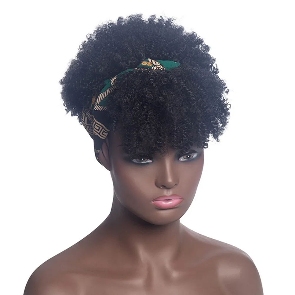 สังเคราะห์สั้น Kinky Curly วิกผม Afro พัฟ Curly สําหรับผู้หญิงธรรมชาติ Turban Wrap วิกผมคอสเพลย์ทุกวันวิกผมทนความร้อน