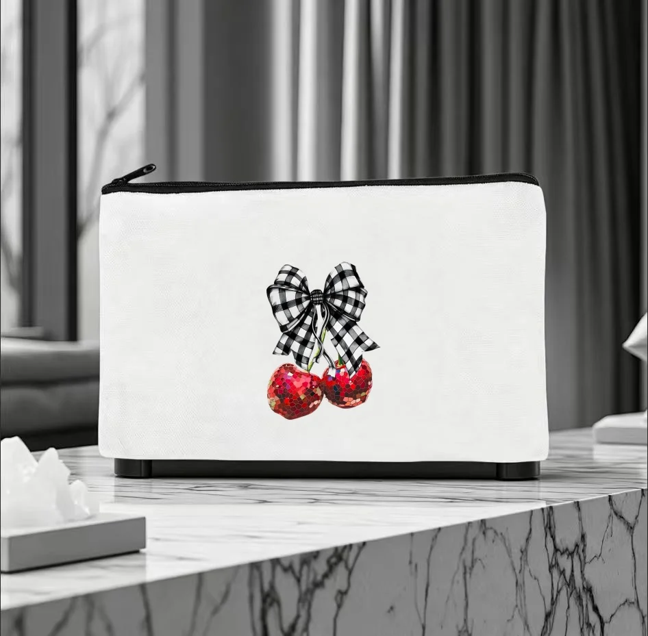 1PC Vintage Coquette Style Plaid Bow Cherry Canvas Pencil Case Unisex Portable Zipper Cosmetic Storage Bag