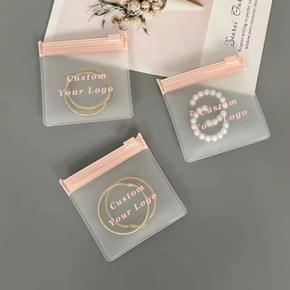Personalized Custom Logo Frosted Bag Pink Zipper Design Plastic Bag Earrings Necklace Jewelry Transparent Packaging Container