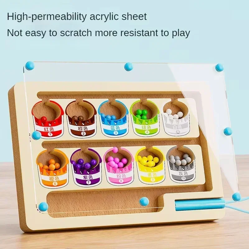 Montessori Magnetic Color Sorting Toys, Maze Board Pen Moving Bead Games, Wooden Control Sensory Play, Educational Toys for Kids