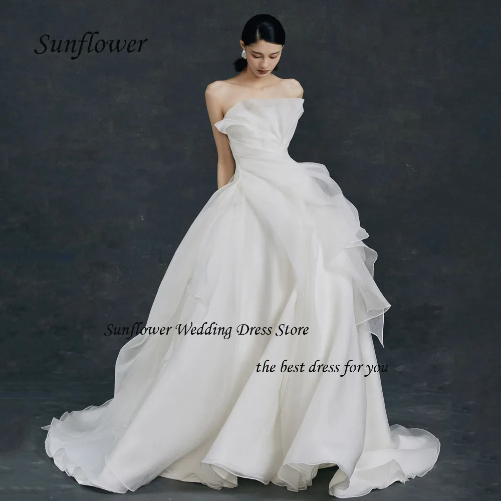 

Sunflower Simple Strapless Wedding Dress 2023 Slim Tulle Prom dress Backless A-LINE Floor-Length Evening Dress Sweep Train