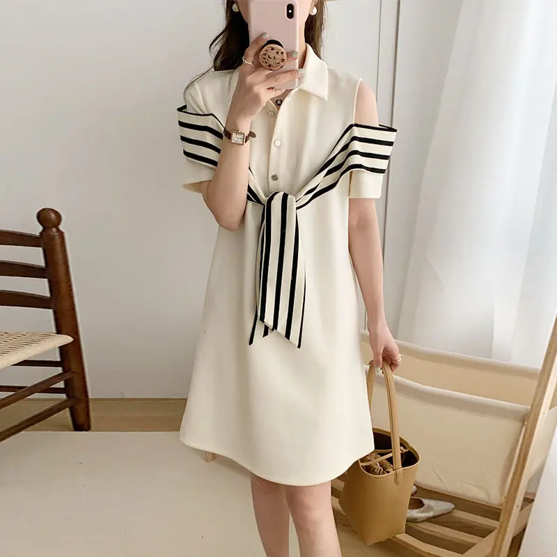 

Striped Off-Shoulder Shawl Collar Dress Fashion White Black Loose Fit Summer Elegant Casual Women's Trendy Solid Color