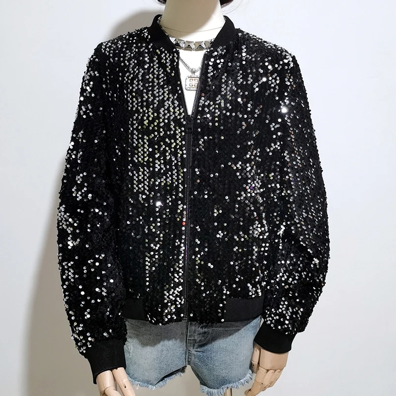 Women Black Sequin Bomber Jacket Fashion Loose Stand Collar Spring Autumn Ladies Casual Velour Coat Zip Up Baseball Jacket