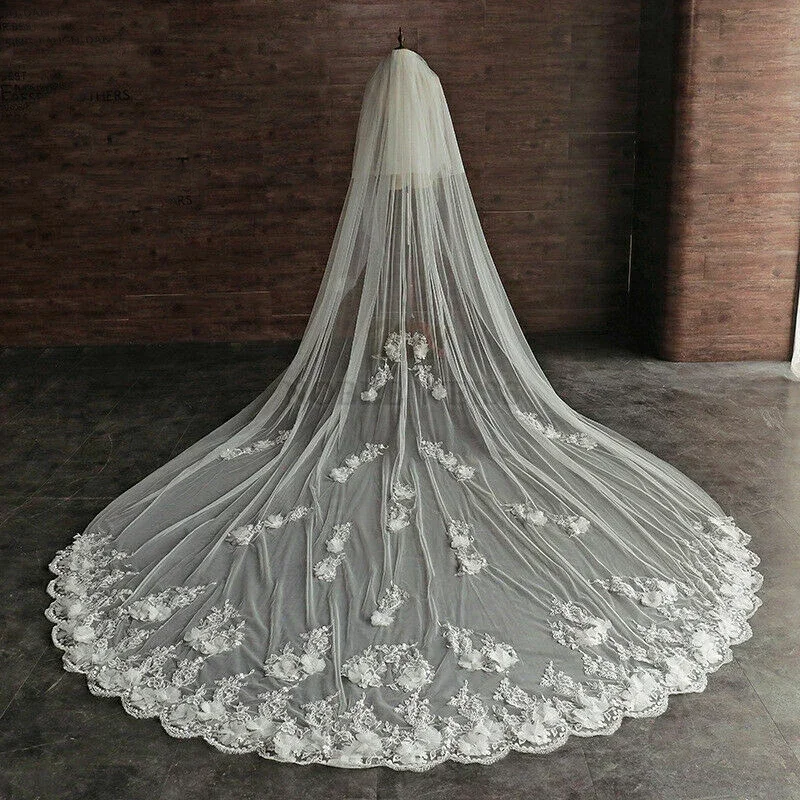 3D Flowers Wedding Veil Cathedral Length Lace Appliques Bridal Veils With Comb Long 2T Wedding Veil 3M Width Customized