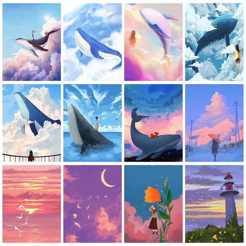 

CHENISTORY Oil Painting By Numbers On Canvas Whales Sky Scenery Figure For Adults Kids Home Decor Handmade Fantasy Modern Style