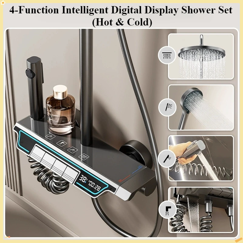 

Intelligent Temperature Digital Display Shower Set Wall Mounted 4 Function Piano Key Rainfall Shower Faucet System for Bathroom