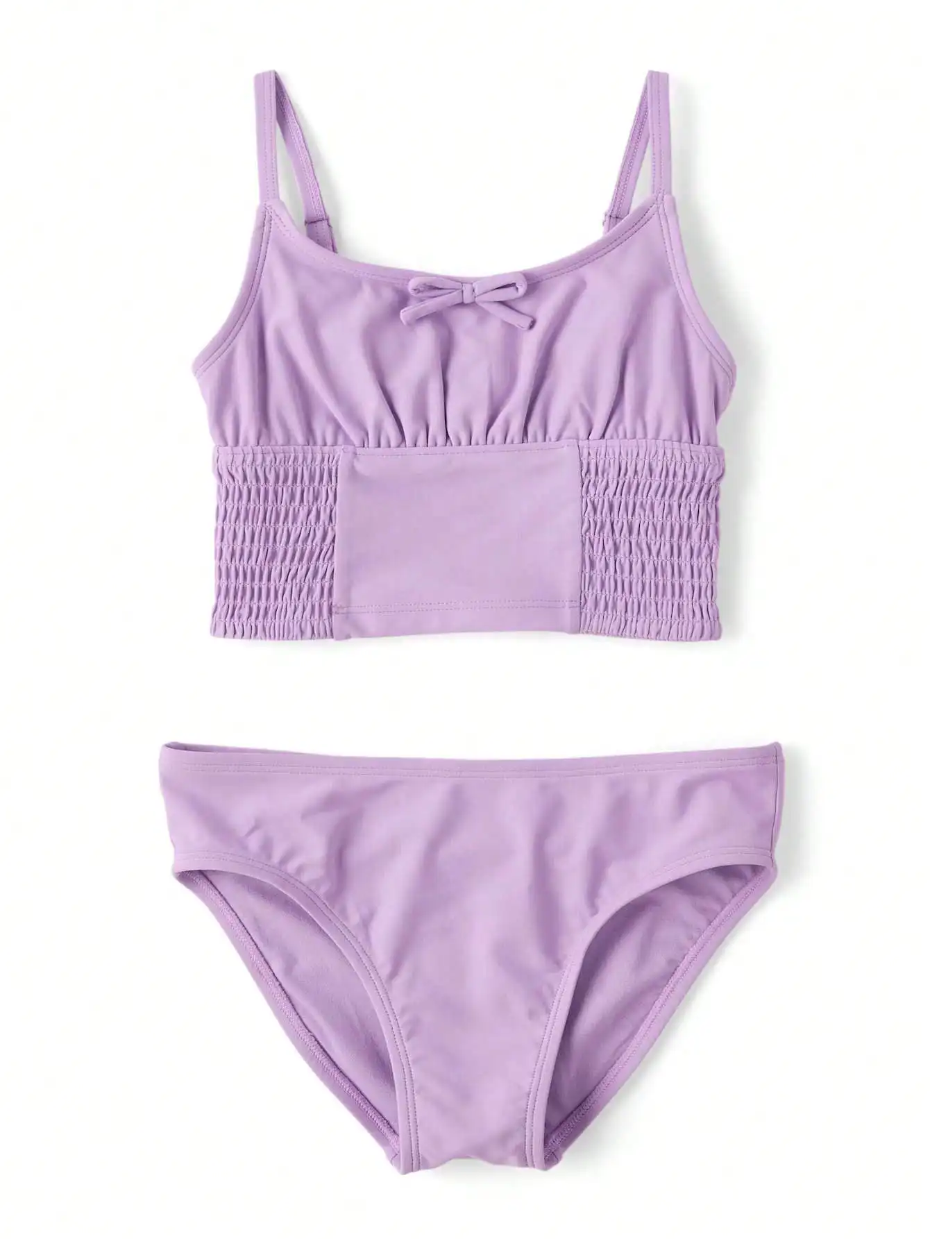 

Purple Smocked Longline Bikini Set with Bow Detail