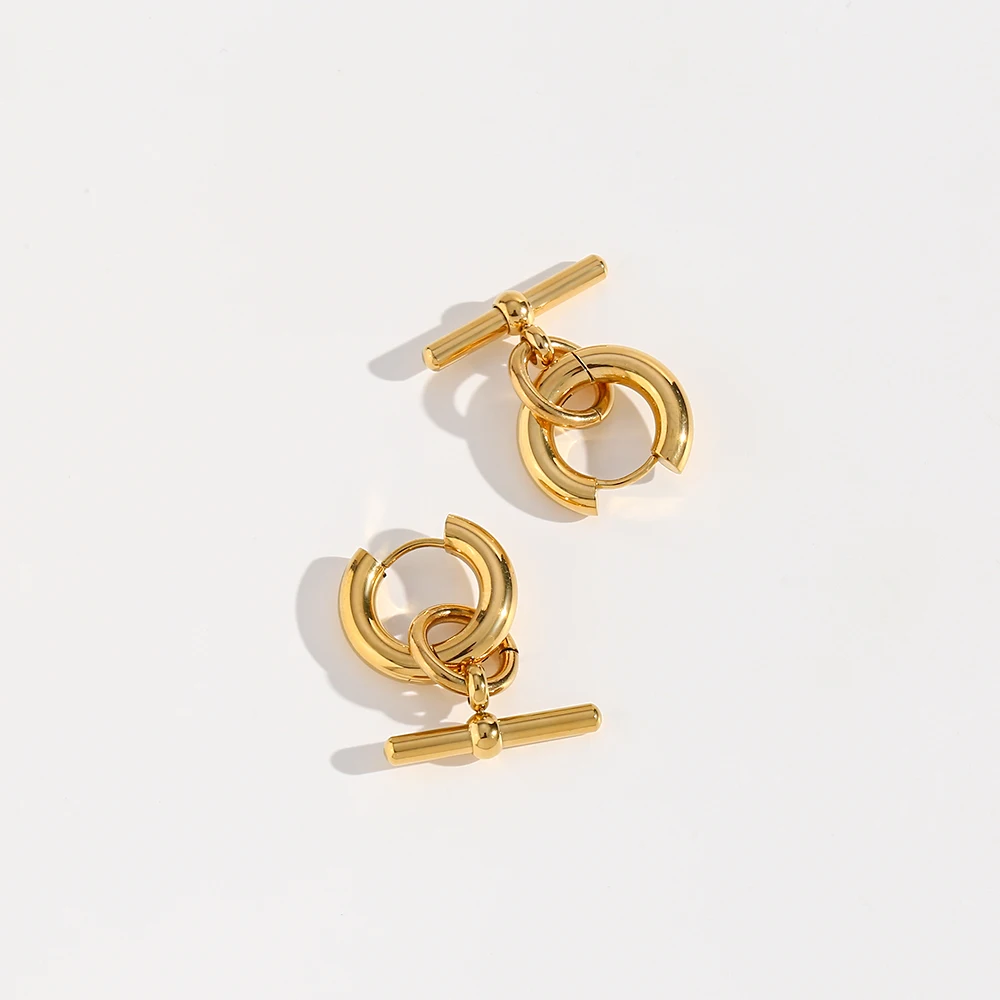 E.B.belle New Fine Polished Stainless Steel Jewelry OT Bar Charm Chunky Hoop Earrings Fashion 18K Gold Plated Jewelry For Woman