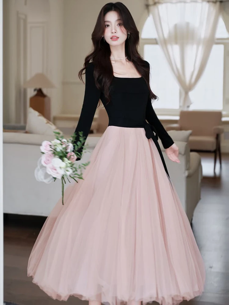 Otoño Invierno Rosa Patchwork negro manga larga vestido con cuello cuadrado mujeres elegante vestido vendaje con lazo 2025 Vestidos ceñidos coreanos