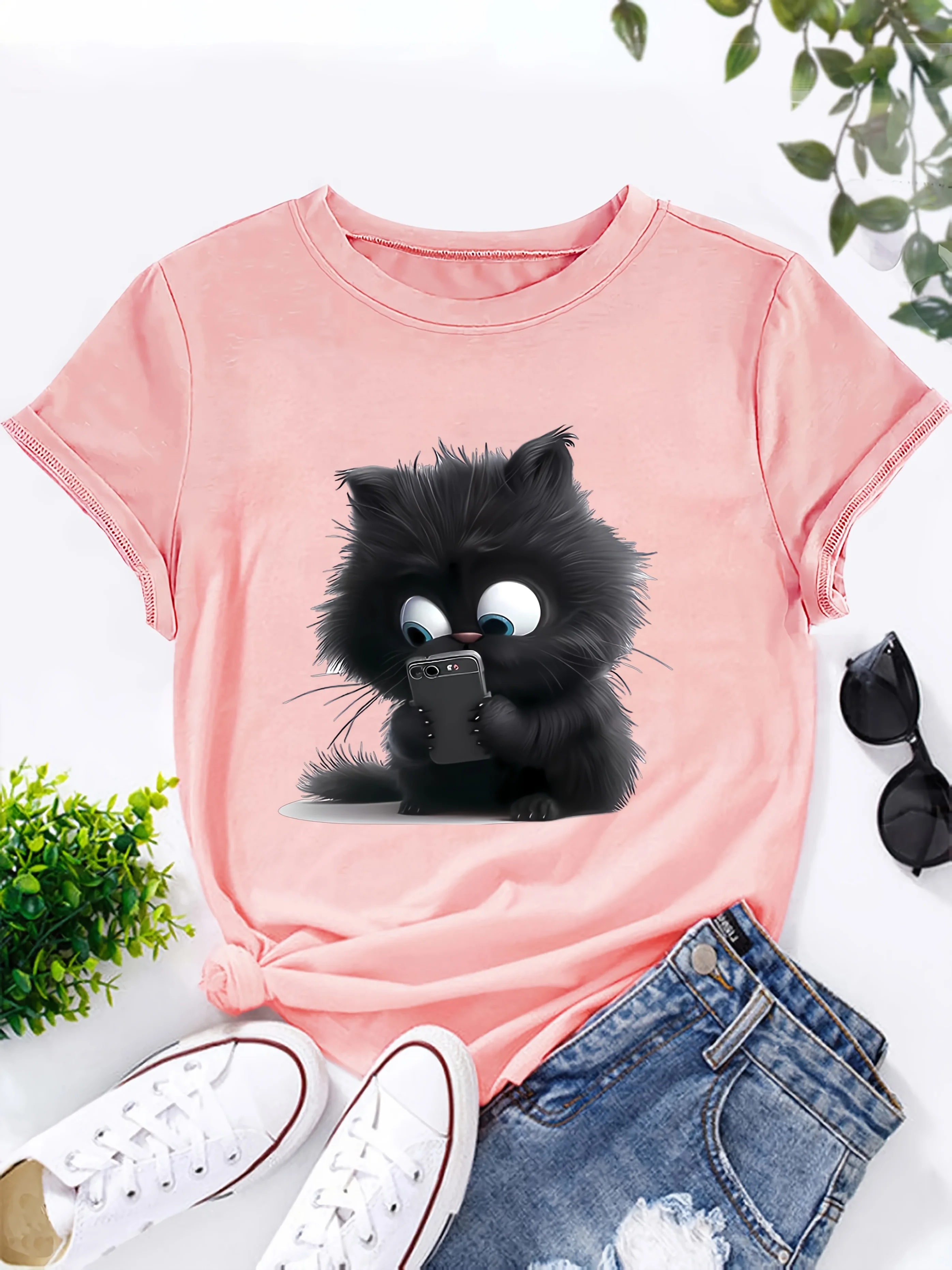 Fluffy Cat & Phone Women's Tee - Cute Cartoon Feline Graphic, Playful Print for Casual Daily Wear