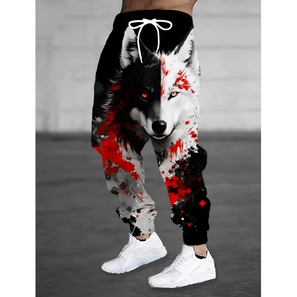 Animal Wolf Printed Fashion Pants Men's Side Pockets Elastic Drawstring Sweatpants Joggers Pants Casual Trousers Fall Winter