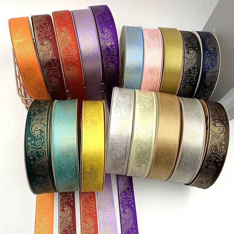 2.5cm 48/96/144Yard Satin ribbon Gold Wave flower Barto Badge Elegance garment ribbons DIY Stuff F bowtie Headband gift package