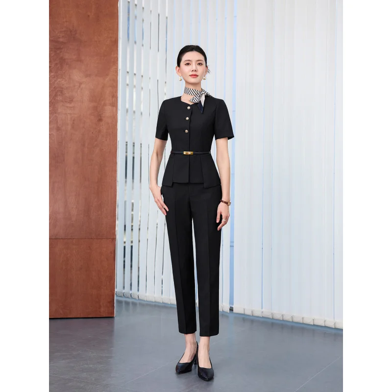 High-end professional women's summer short-sleeve workwear suit for front desk, hotels, beauty salons, and jewelry stores