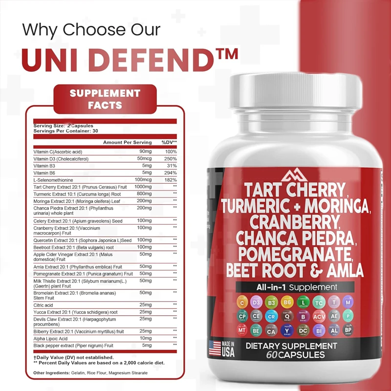 Sour Cherry Extract 60 Capsules 20000 mg Turmeric 8000 mg Moringa 4000 mg Cranberry Celery Quercetin Selenomethionine Urea