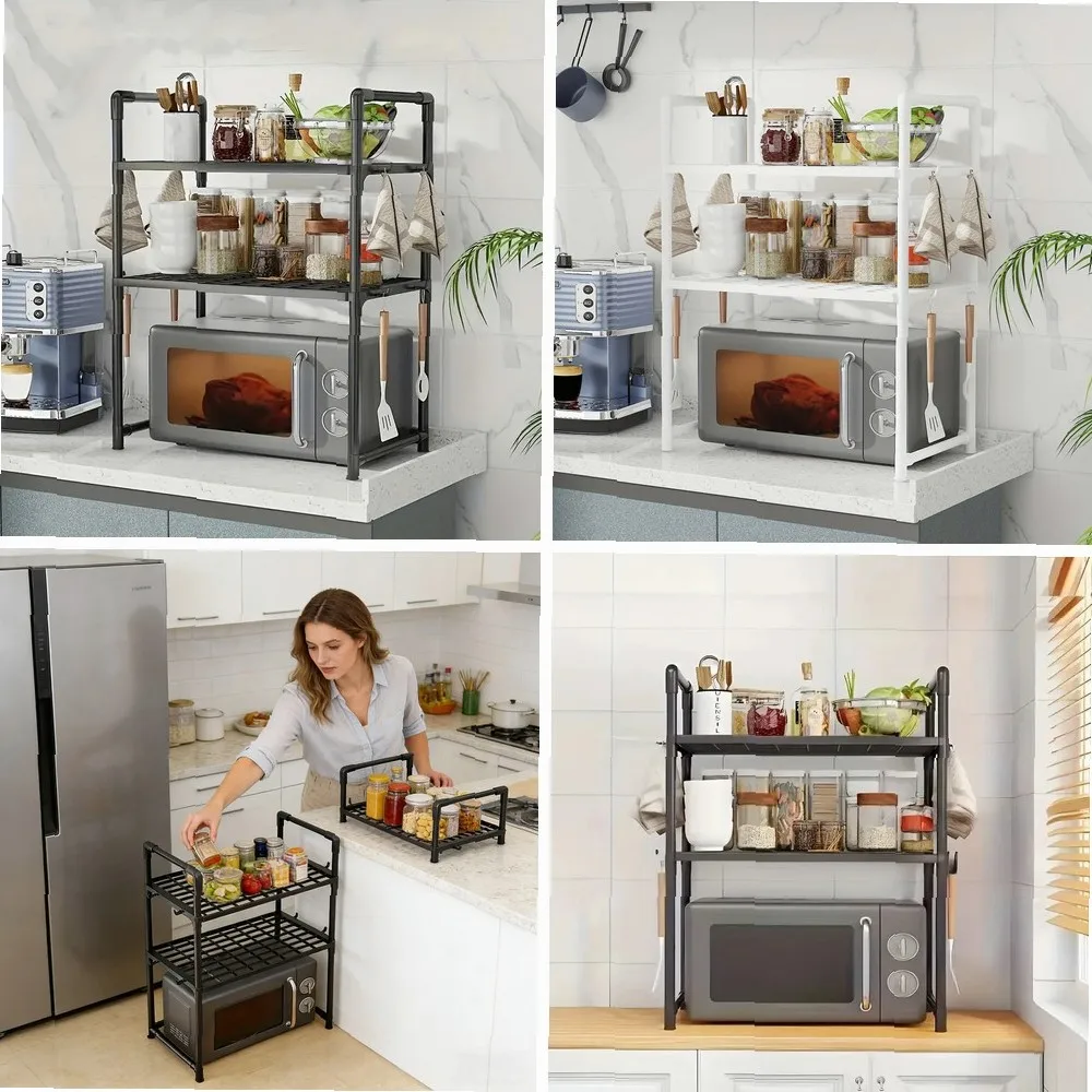 

Heavy-Duty Adjustable Stackable Kitchen Rack: Microwave Stand, Spice Organizer with Hooks, Space-Saving Metal Shelves