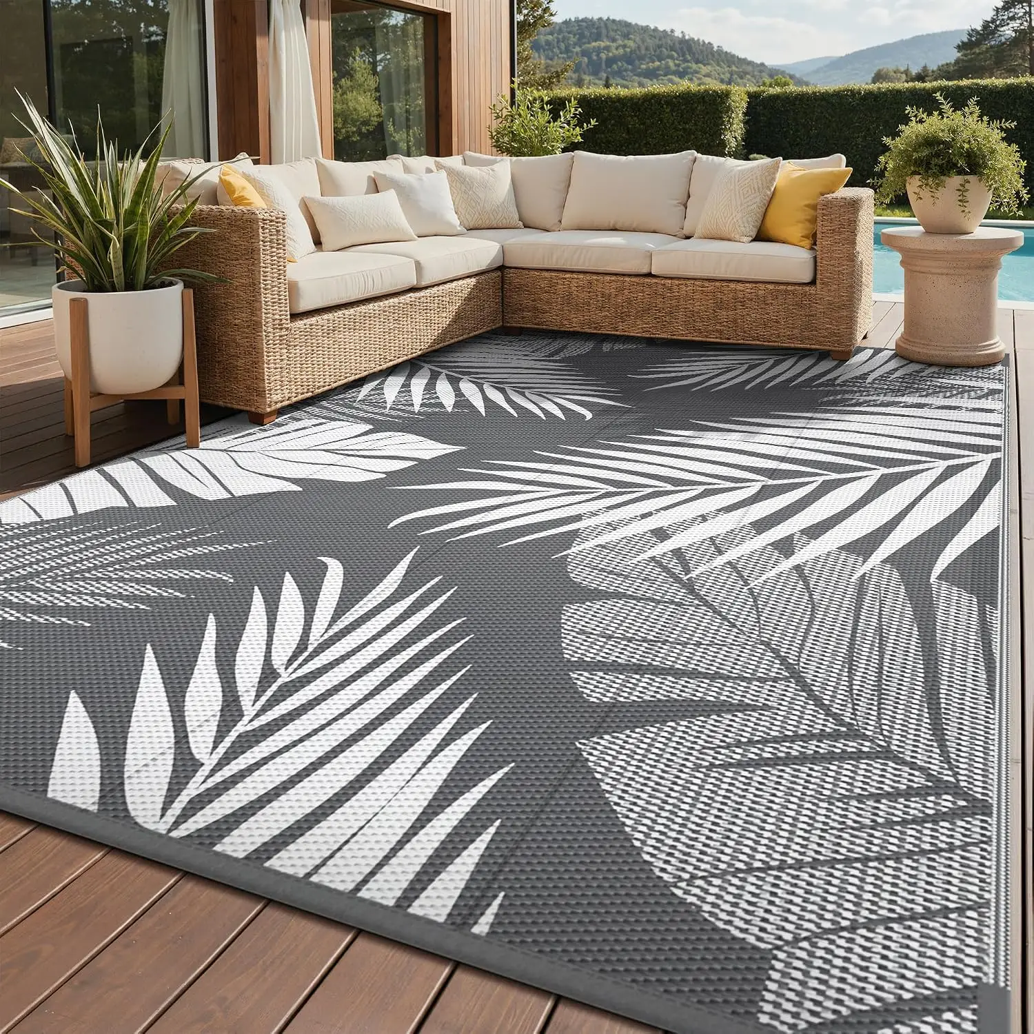 Outdoor Rug, Waterproof Plastic Rugs for Patio, 8'x10' Grey White | Outside Larger Leaf Carpet Mat for Porch Decor, Deck, Balcon