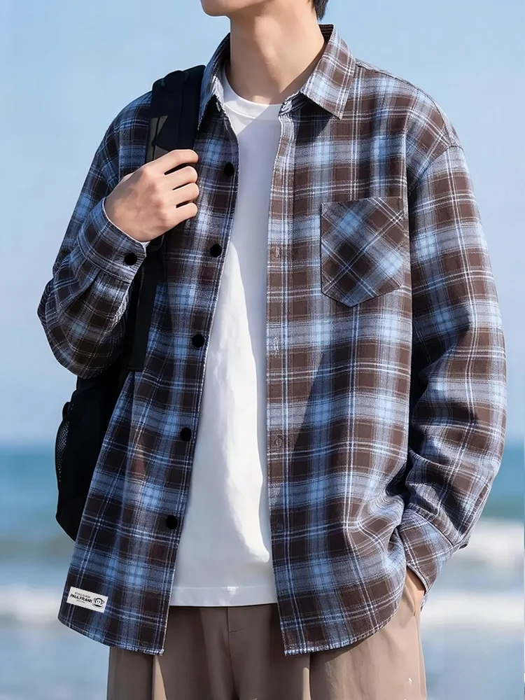 

Large Mouth Monkey Hong Kong Sle Plaid Casual irt Men's Spring 2026 Youth Leisure Turn-down Collar Jaet Tren...