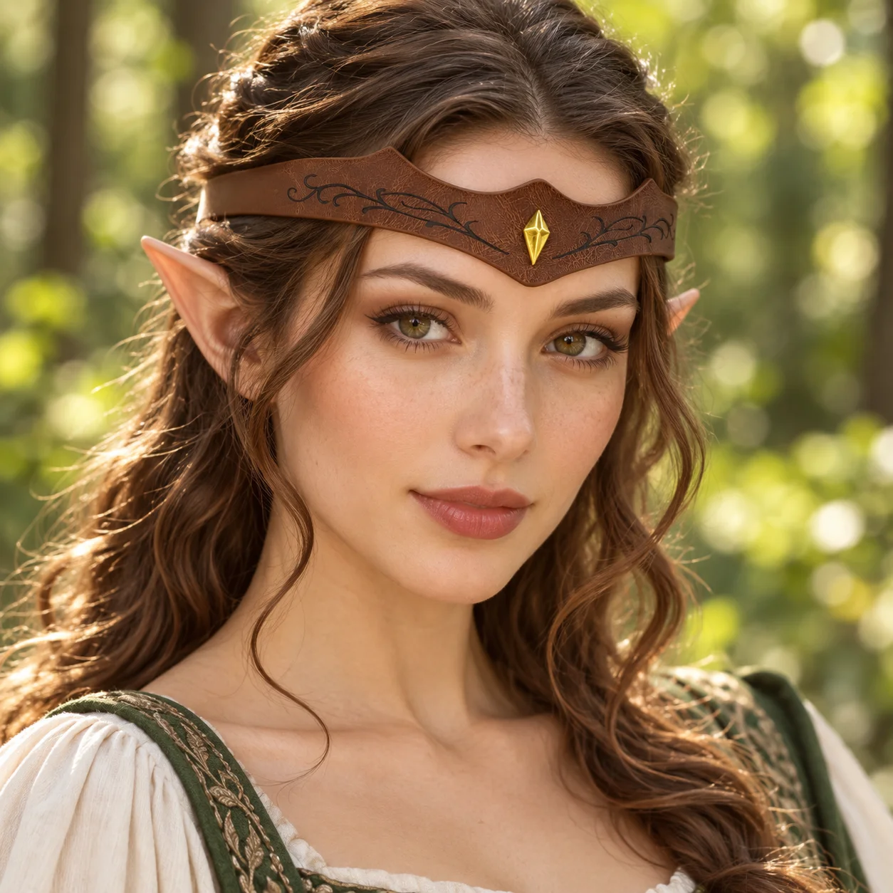 Vintage PU Leather Elf Headband for Women, Brown Green Vine Gem Medieval Headpiece, Forest Fairy Fantasy Cosplay Accessory