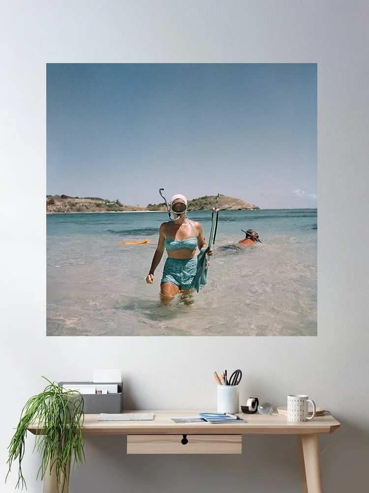 Slim Aarons 'Snorkelling In Antigua', Print Art Canvas Poster, Living Room, Home Wall Decor Picture